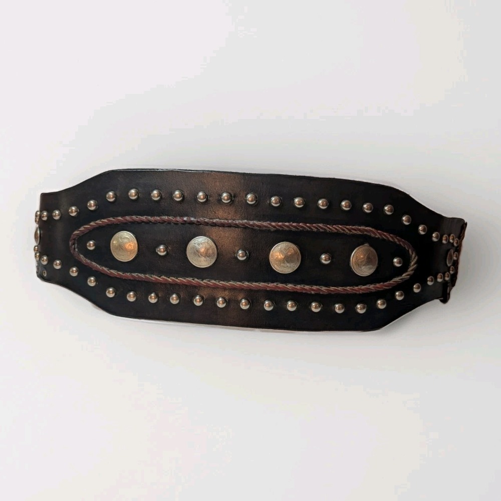 Vintage Handmade Belt Liberty Silver Dollar Studded Black Leather Biker SouthWst
